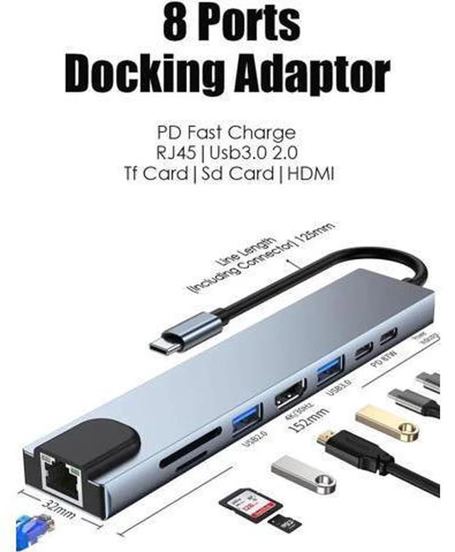Alt view image 5 of 7 - USB C Hub, 8-in-1 Type C Hub with Ethernet, 4K USB C to HDMI, USB3.0/USB2.0, 87W PD, Type-C Data Port, SD/TF Cards Reader, Docking Station for MacBook Pro Air XPS and Other USB-C