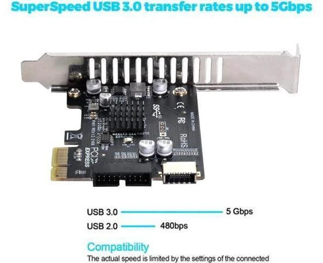 Alt view image 3 of 3 - 5Gbps Socket & USB 2.0 to PCI-E 1X Express Adapter Type-E USB 3.1 Front Panel