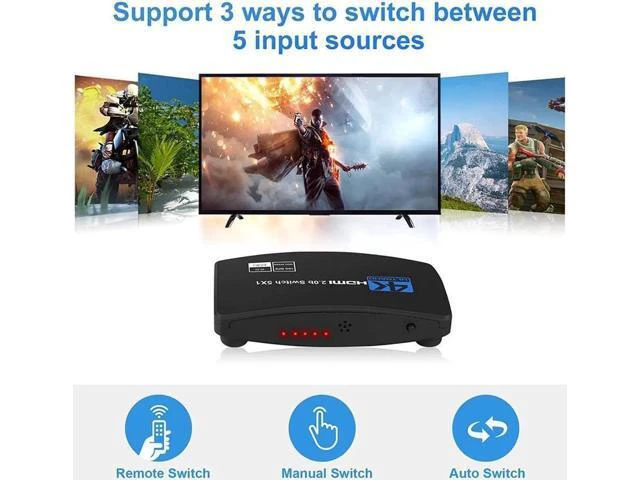 Alt view image 3 of 7 - 4K@60Hz HDMI Switch 5in1 Out w/IR Remote Control 5 Port Switcher Selector Box for Xbox Nintendo PS4/5 TV Fire Stick Roku Supports Ultra HD Dolby Vision 18.5Gbps HDR10 HDCP 2.2 3D OZQ3-5