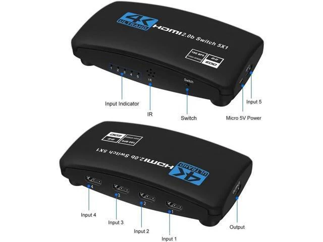 Alt view image 7 of 7 - 4K@60Hz HDMI Switch 5in1 Out w/IR Remote Control 5 Port Switcher Selector Box for Xbox Nintendo PS4/5 TV Fire Stick Roku Supports Ultra HD Dolby Vision 18.5Gbps HDR10 HDCP 2.2 3D OZQ3-5