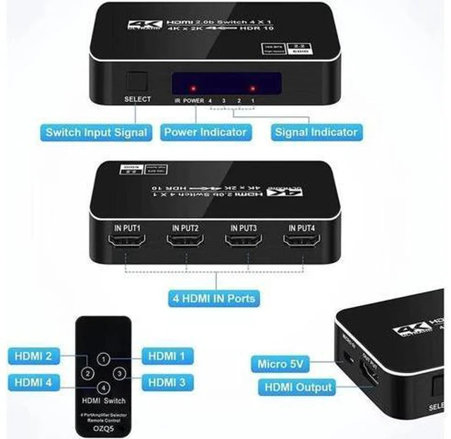 Alt view image 3 of 6 - Switcher HDMI 2.0-compatible 4 in 1 out 4K 60Hz 2K 120Hz Switch Splitter adapter IR Remote For PS5 PS4 Projector Supports Ultra HD Dolby Vision, 18.5Gbps, HDR10, HDCP 2.2 & 3D - OZQ5