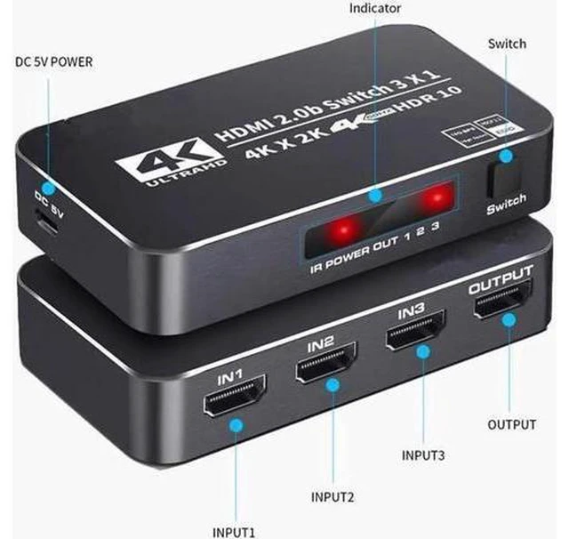 Alt view image 2 of 7 - Switcher HDMI 2.0-compatible 3 in 1 out 4K 60Hz 2K 120Hz Switch Splitter adapter IR Remote For PS5 PS4 Projector Supports Ultra HD Dolby Vision, 18.5Gbps, HDR10, HDCP 2.2 & 3D - OZQ2-2