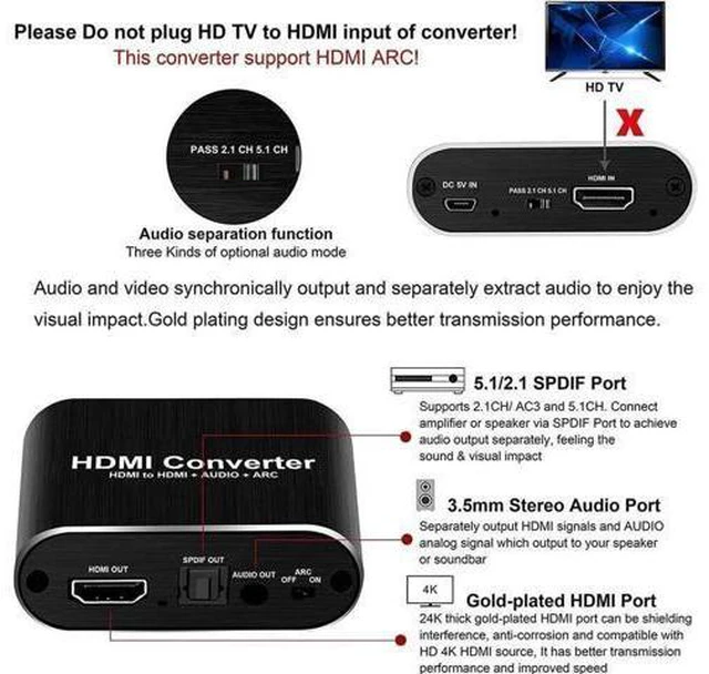 Alt view image 4 of 6 - 4K60Hz HDMI Audio Extractor 4K@60Hz HDMI to HDMI + Optical Toslink SPDIF+3.5mm Audio Output HDMI Audio Converter Adapter Embedder Support 5.1 ARC 1080P 3D Suit for Fire Stick Xbox,Laptop