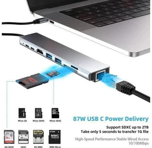 Alt view image 6 of 7 - USB C Hub, 8-in-1 Type-C Docking Station with 4K USB C to HDMI,Ethernet,87W PD,Type-C Port,2USB3.0,SD/TF, Compatible with MacBook/Pro/Air 2016/2017/2018 and More USB C Devices