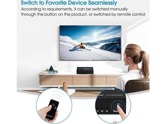 Alt view image 4 of 6 - HDMI Switch 4k@60HZHDMI Splitter 3in1 Out HDMI Switcher Selector with IR Remote Control HDMI3Port Box Hub Support 3D HDCP2.2 for PS4/Xbox One/Fire TV/Apple TV/Sky Box/STB/DVD/Roku OZQ2-1
