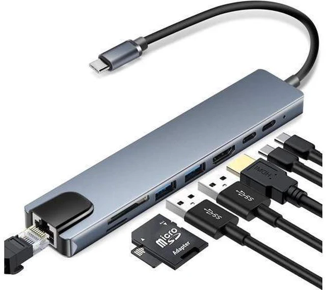 Main image of USB C Hub Adapter, 8-in-1 4K USB C to HDMI Type C to RJ45 Ethernet,2X USB C to USB 3.0 ,SD/TF Card Reader,3.0 Power Delivery, USB-C Data Port,Portable Compatible with MacBook 2018 Ipad XPS13