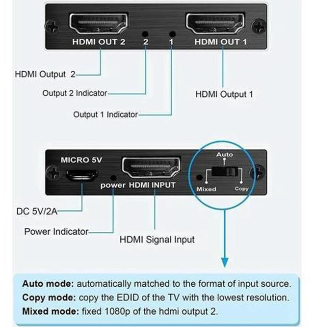Alt view image 7 of 7 - HDMI Splitter with EDID, 1 in 2 Out 4K HDMI Splitter for Full HD 4K@60HZ 1080P 3D Splitter (1 HDMI Source to 2 HDMI Displays)