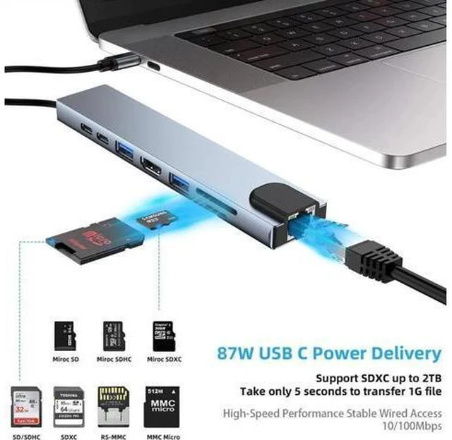 Alt view image 2 of 7 - USB C Hub, 8-In-1 Type C Hub with Ethernet Port, 4K USB C to HDMI,USB3.0/USB2.0 Ports, SD/TF Card Reader, USB-C Power Delivery, Type-C Data Port Portable for Mac Pro and Other Type C Laptops