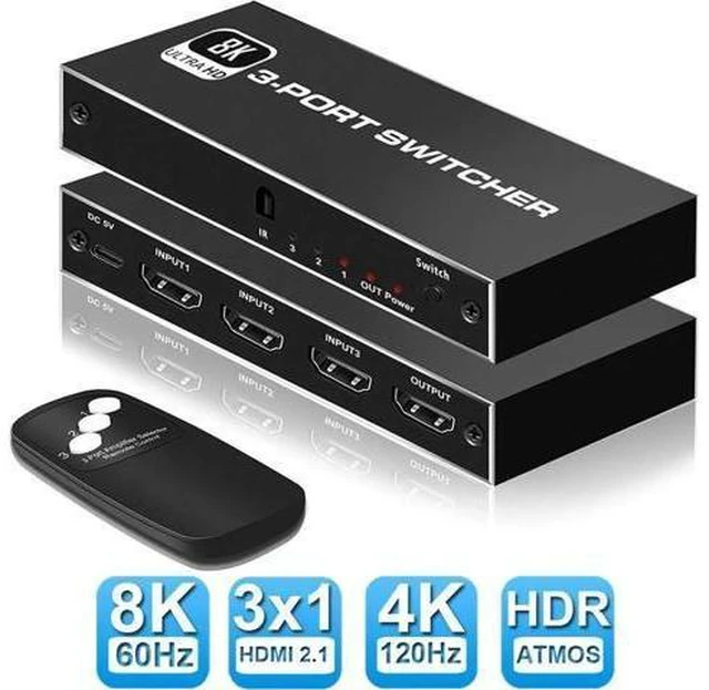 Main image of 3 in 1 Out HDMI 2.1 Switch, 8K High-Speed 48Gbps 3Port HDMI Switcher, Supports 8K@60Hz 4K@120Hz, Compatible for PS5/PS4 Projectors Monitor Blu-Ray Player Xbox (3 in 1)