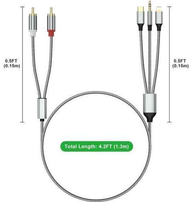 Alt view image 3 of 6 - Lightning to RCA Cable Audio Aux Adapter RCA to 3.5mm CableUSB C to 2 RCA Audio Cable (3 in 1 Audio Cable) for Power Amplifier Car Home Theater Speaker and More(Lightning Compatible)