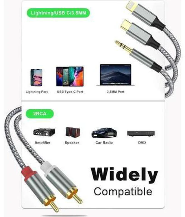 Alt view image 5 of 6 - Lightning to RCA Cable Audio Aux Adapter RCA to 3.5mm CableUSB C to 2 RCA Audio Cable (3 in 1 Audio Cable) for Power Amplifier Car Home Theater Speaker and More(Lightning Compatible)