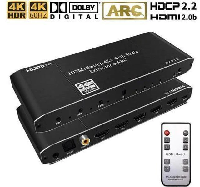 Main image of 4x1 HDMI Switch with ARC,Coaxial & 3.5mm Jack & SPDIF Out, 4 Port HDMI Audio Extractor Splitter with Remote, Supports ARC, 4kx2k@60hz, Full 3D, RGB 8:8:8(Dobly Atmos),EDID,HDR10