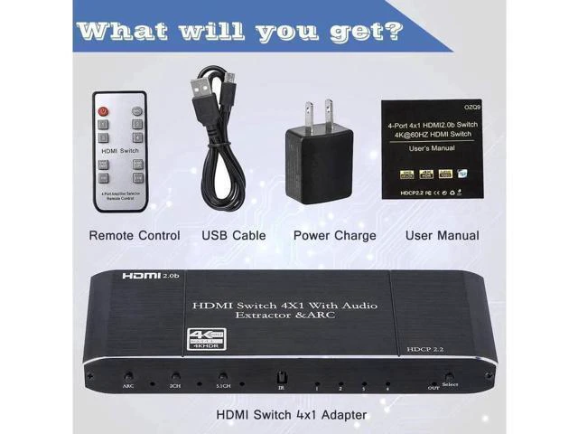Alt view image 6 of 7 - 4x1 HDMI Switch with ARC,Coaxial & 3.5mm Jack & SPDIF Out, 4 Port HDMI Audio Extractor Splitter with Remote, Supports ARC, 4kx2k@60hz, Full 3D, RGB 8:8:8(Dobly Atmos),EDID,HDR10