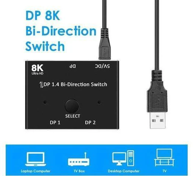 Alt view image 6 of 7 - Displayport 1.4 Switch 8K Displayport Bi-direction splitter switcher Displayport KVM 1in 2out 2in 1out Display-port 8K@60Hz,4K@120Hz Splitter Converter for Computer Monitor Projector TV