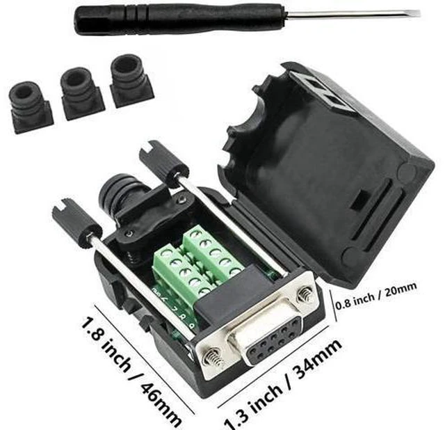 Main image of DB9 Breakout Connector to Wiring Solderless Terminal RS232 D-SUB Female Serial Adapter 9pin Port Breakout Board Black Rubber Core with Case,Screwdriver,Long Bolts