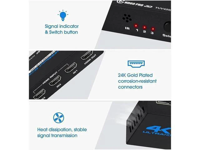 Alt view image 2 of 7 - 4k HDR 3x1 HDMI Switch with IR Remote Control 3 Ports HDMI 2.0 Switcher Selector Supports HDCP 2.2 4K@60Hz UltraHD HDR10 3D HD1080P Dolby DST HDMI Splitter for PS4 Xbox Apple TV OZQ2-1