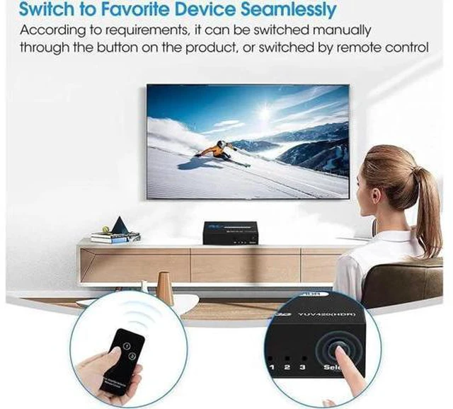 Alt view image 3 of 7 - 4k HDR 3x1 HDMI Switch with IR Remote Control 3 Ports HDMI 2.0 Switcher Selector Supports HDCP 2.2 4K@60Hz UltraHD HDR10 3D HD1080P Dolby DST HDMI Splitter for PS4 Xbox Apple TV OZQ2-1