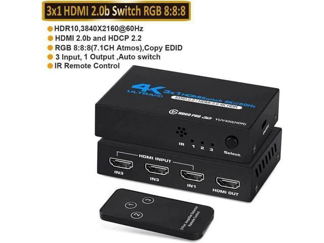 Alt view image 6 of 7 - 4k HDR 3x1 HDMI Switch with IR Remote Control 3 Ports HDMI 2.0 Switcher Selector Supports HDCP 2.2 4K@60Hz UltraHD HDR10 3D HD1080P Dolby DST HDMI Splitter for PS4 Xbox Apple TV OZQ2-1