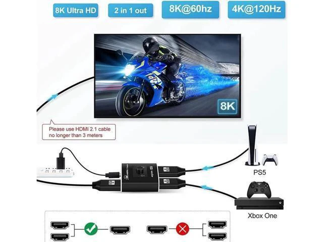 Alt view image 2 of 7 - HDMI 2.1 Switch 8K 2 in 1 Out HDMI Switcher 2 Port Support 8K 60Hz 4K 120Hz HDCP 2.3 Ultra HD 3D for Xbox PS4 PS5 Roku UHD TV Monitor Projector (OZ8Q2B)