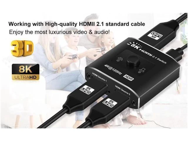 Alt view image 5 of 7 - HDMI 2.1 Switch 8K 2 in 1 Out HDMI Switcher 2 Port Support 8K 60Hz 4K 120Hz HDCP 2.3 Ultra HD 3D for Xbox PS4 PS5 Roku UHD TV Monitor Projector (OZ8Q2B)