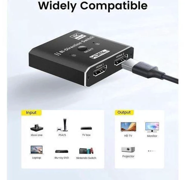 Alt view image 2 of 7 - HDMI 2.1 Switch 8K@60Hz, Bi-Directional HDMI Switcher 4K@120Hz, Aluminum HDMI Splitter 2 in 1 Out 48Gbps Ultra HD Compatible with Xbox Series X PS5 Fire Stick