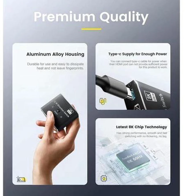 Alt view image 3 of 7 - HDMI 2.1 Switch 8K@60Hz, Bi-Directional HDMI Switcher 4K@120Hz, Aluminum HDMI Splitter 2 in 1 Out 48Gbps Ultra HD Compatible with Xbox Series X PS5 Fire Stick