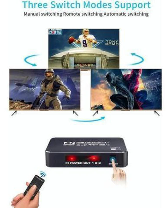 Alt view image 4 of 7 - HDMI 2.0 Switcher 3 in 1 out 4K/60Hz HDMI Splitter for XBOX 360 PS4 Smart Box 3 in 1 out HDMI 2.0 Switch Adapter Supports Ultra HD Dolby Vision, 18.5Gbps, HDR10, HDCP 2.2 & 3D - OZQ2-2