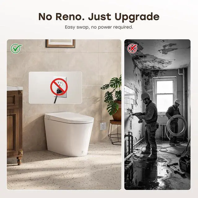 Alt view image 2 of 7 - N30 Non-Electric Bidet Toilet with Auto Flush, No Outlet or Rewiring Needed, Battery Powered, Tankless One-Piece Elongated Toilet with Dual Nozzle Wash, ADA Chair Height, 1.22 GPF, 12" Rough-In