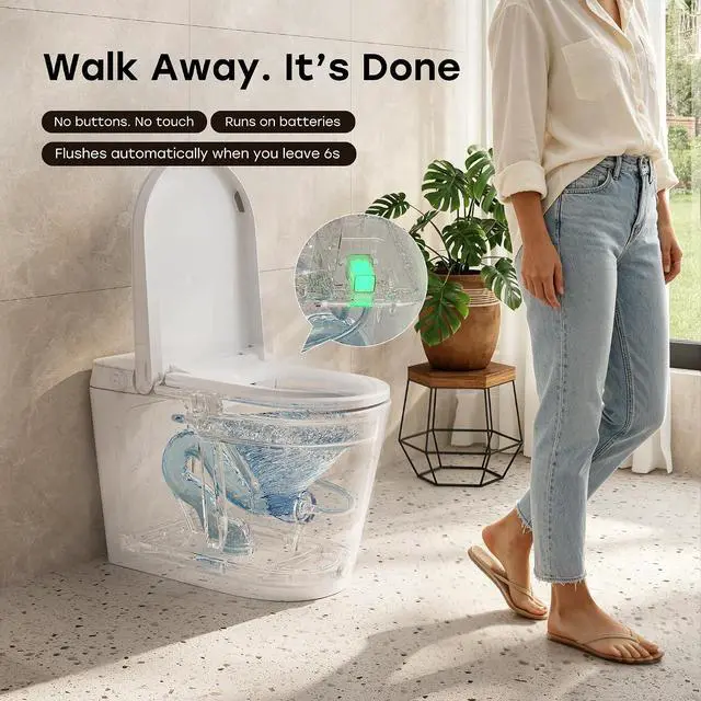 Alt view image 4 of 7 - N30 Non-Electric Bidet Toilet with Auto Flush, No Outlet or Rewiring Needed, Battery Powered, Tankless One-Piece Elongated Toilet with Dual Nozzle Wash, ADA Chair Height, 1.22 GPF, 12" Rough-In