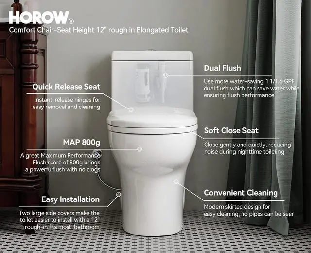 Alt view image 2 of 7 - HR-ST076WD Dual Flush Elongated Toilet with Soft Close Seat, High-Efficiency Supply, Standard Bathroom Toilet 12" Rough-In, White Finish