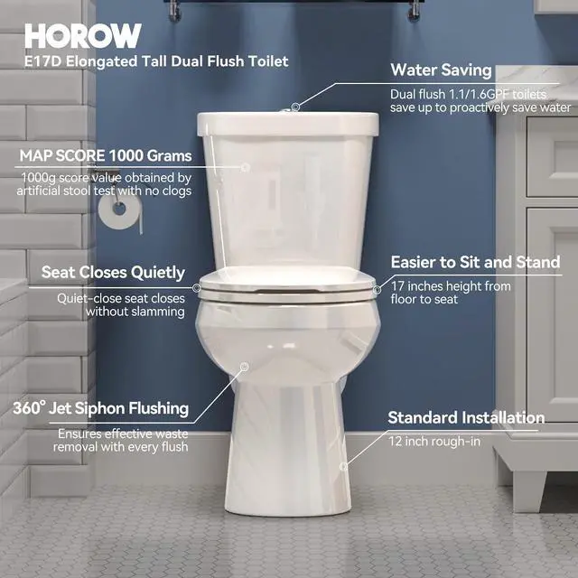 Alt view image 2 of 7 - 17 Inch Comfort Height Toilet, ADA Chair Height Two Piece Elongated Toilet for Seniors, Elderly & Tall Adults, Powerful MAP 1000g Flush, Dual Flush 1.1/1.6 GPF, Soft Close Seat, 12" Rough-In