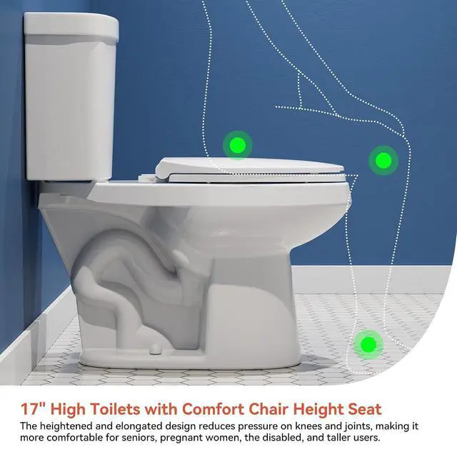 Alt view image 3 of 7 - 17 Inch Comfort Height Toilet, ADA Chair Height Two Piece Elongated Toilet for Seniors, Elderly & Tall Adults, Powerful MAP 1000g Flush, Dual Flush 1.1/1.6 GPF, Soft Close Seat, 12" Rough-In