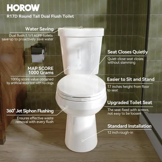 Alt view image 2 of 7 - 17 Inch High Round Toilet with ADA Chair Height, Two Piece Toilet with 1.1/1.6 GPF Dual Flush, MAP 1000g, Extra Tall Bowl for Tall Person & Seniors, HR-R17D
