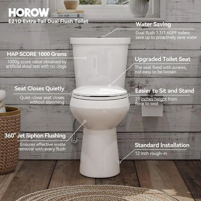 Alt view image 2 of 7 - 21 Inch Extra Tall Toilet for Seniors & Tall Adults, Chair Height Two Piece Elongated Toilet, MAP 1000g Powerful Flush, Dual Flush 1.1/1.6 GPF, Soft Close Seat, 12" Rough-In