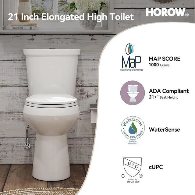 Alt view image 5 of 7 - 21 Inch Extra Tall Toilet for Seniors & Tall Adults, Chair Height Two Piece Elongated Toilet, MAP 1000g Powerful Flush, Dual Flush 1.1/1.6 GPF, Soft Close Seat, 12" Rough-In