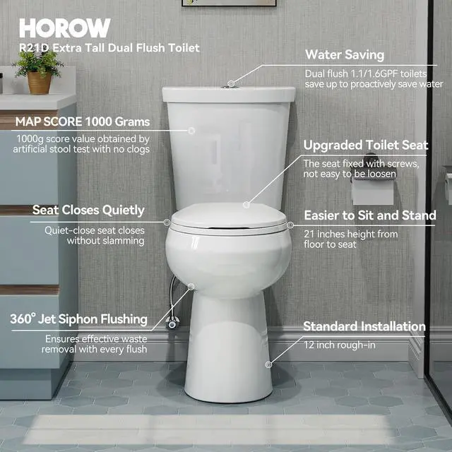 Alt view image 2 of 7 - 21 Inch Extra High Round Toilet with ADA Chair Height, Two Piece Toilet with 1.1/1.6 GPF Dual Flush, MAP 1000g, Extra Tall Bowl Suitable for Tall Person & Seniors, HR-R21D