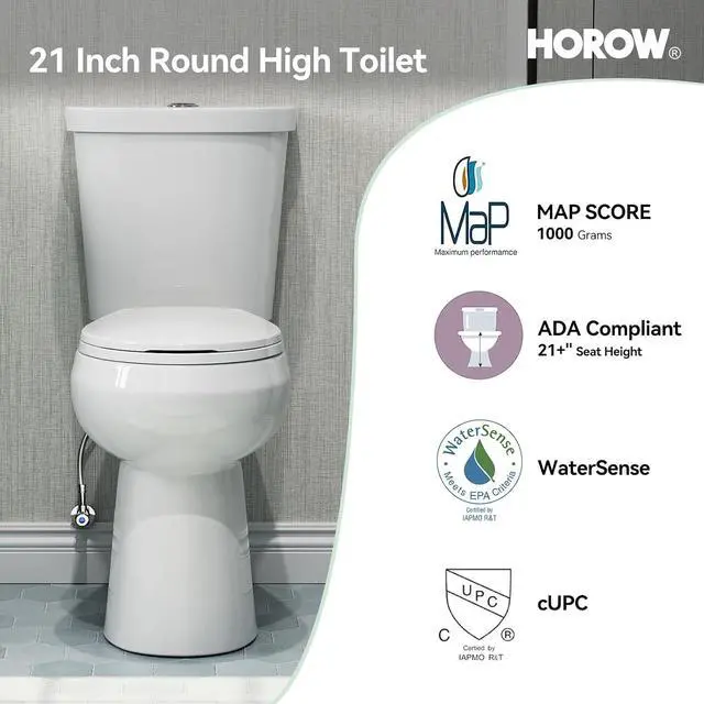 Alt view image 5 of 7 - 21 Inch Extra High Round Toilet with ADA Chair Height, Two Piece Toilet with 1.1/1.6 GPF Dual Flush, MAP 1000g, Extra Tall Bowl Suitable for Tall Person & Seniors, HR-R21D