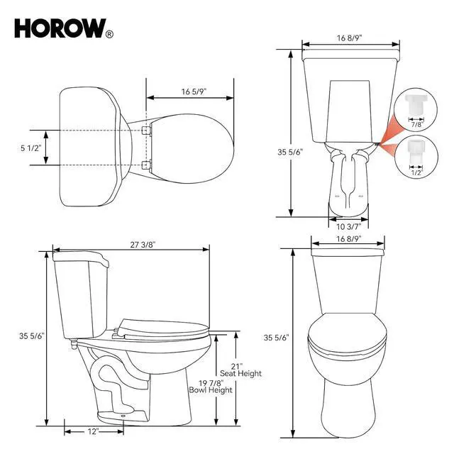 Alt view image 4 of 7 - 21 Inch Extra High Round Toilet with ADA Chair Height, Two Piece Toilet with 1.1/1.6 GPF Dual Flush, MAP 1000g, Extra Tall Bowl Suitable for Tall Person & Seniors, HR-R21D