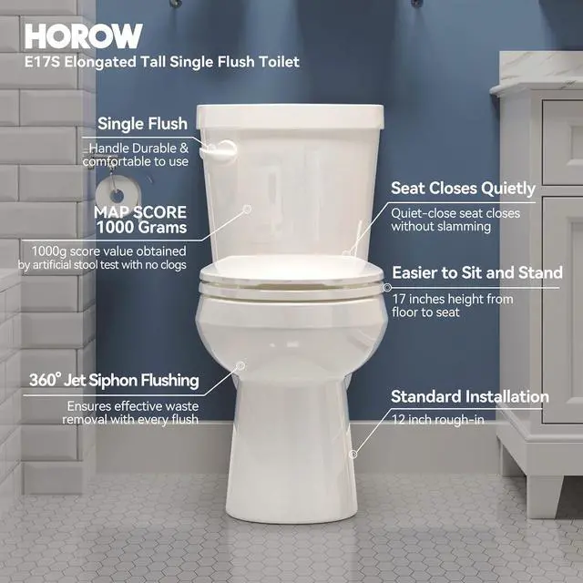Alt view image 2 of 7 - 17 Inch High Elongated Toilet with ADA Chair Height, Two Piece Toilet with Powerful 1.28 GPF Single Flush, MAP 1000g, Extra Tall Bowl Suitable for Tall Person & Seniors