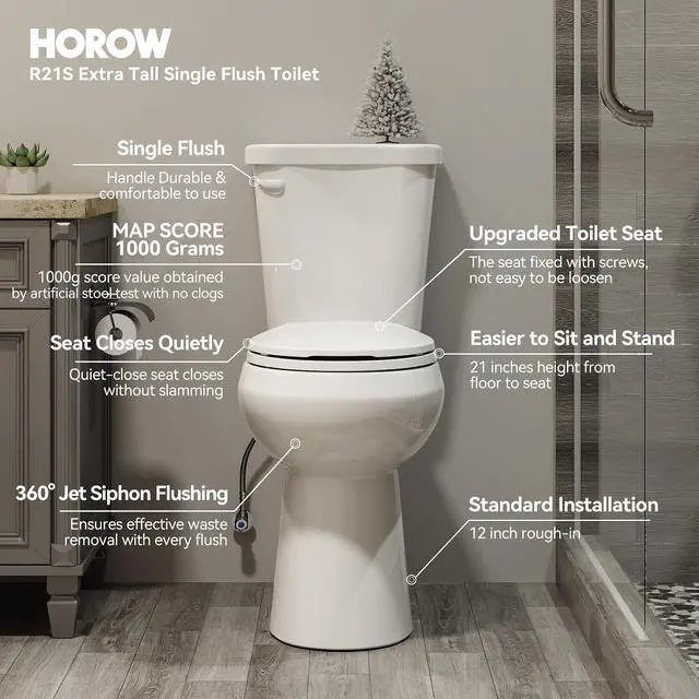 Alt view image 2 of 6 - 21 Inch Extra High Round Toilet with ADA Chair Height, Two Piece Toilet with Powerful 1.28 GPF Single Flush, MAP 1000g, Toilet Bowl Suitable for Tall Person & Seniors, HR-R21S