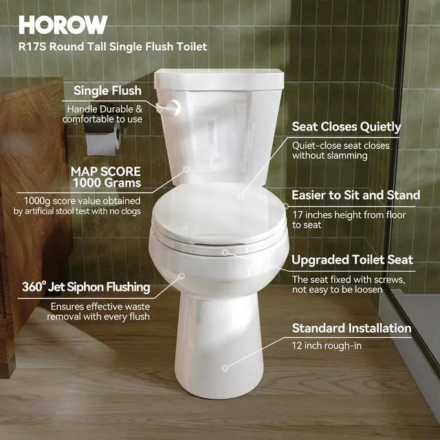 Alt view image 2 of 7 - 17 Inch Compact Tall Toilet for Seniors, Two Piece Toilet for Small Bathroom with Powerful 1.28 GPF Single Flush, MAP 1000g, ADA Chair Height, Soft-Close Seat, and Round Bowl, HR-R17S
