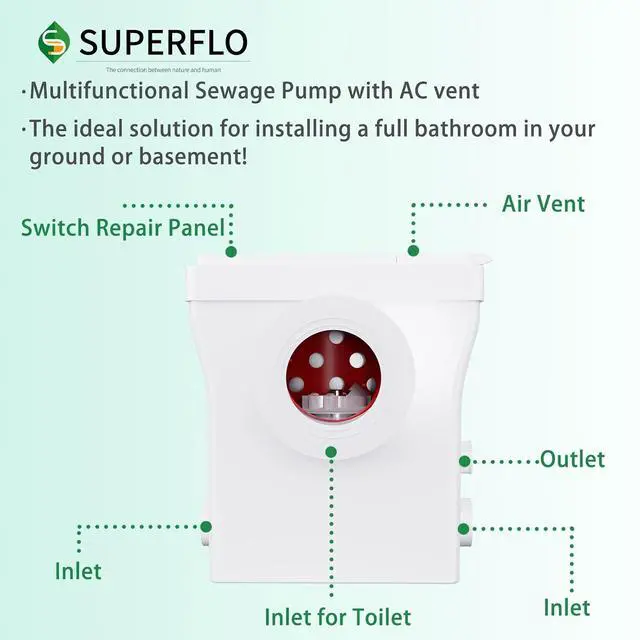 Alt view image 6 of 7 - Upflush Toilet Basement with 600W Macerating Toilet System, One Piece Toilet & AC Toilet Pump Max Pumping to V26.2 & H262 Feet, 3 Water Inlets for Bathroom Sink & Tub