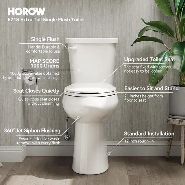 Alt view image 2 of 7 - 21 Inch Extra High Elongated Toilet with ADA Chair Height, Two Piece Toilet with Powerful 1.28 GPF Single Flush, MAP 1000g, Toilet Bowl Suitable for Tall Person & Seniors, HR-E21S