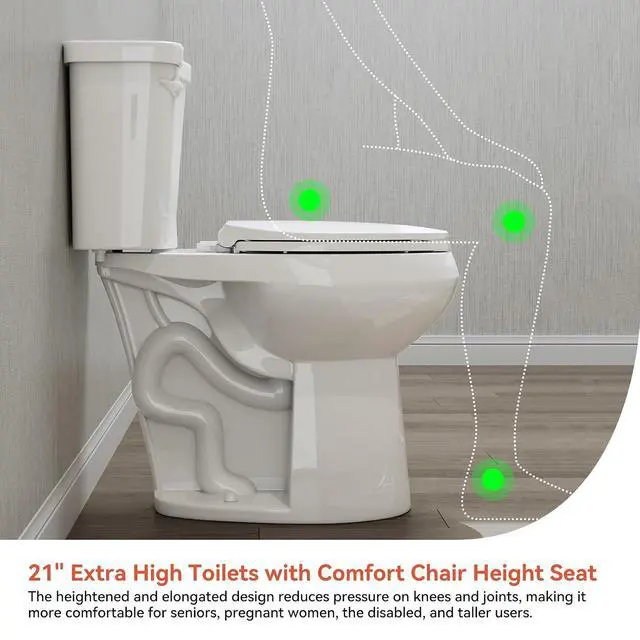 Alt view image 3 of 7 - 21 Inch Extra High Elongated Toilet with ADA Chair Height, Two Piece Toilet with Powerful 1.28 GPF Single Flush, MAP 1000g, Toilet Bowl Suitable for Tall Person & Seniors, HR-E21S