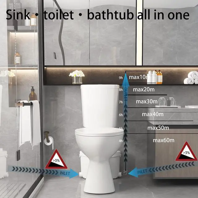Alt view image 3 of 7 - 600W Upflush Toilet for Basement Macerating Toilet System | Silent & Power Tall Toilet Bowl with Tank & Macerator Pump for Sink, Toilet & Bathtub