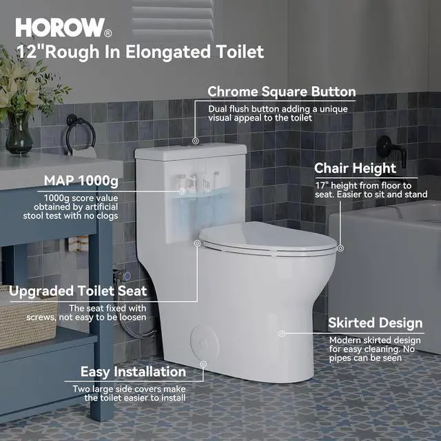 Alt view image 2 of 7 - T0350W One-Piece Elongated Toilet, 17" ADA Chair Height, Dual Flush 0.8/1.28 GPF, MaP 1000g Powerful Flush, Soft-Close Seat, Skirted Design, Square Flush Button, 12" Rough-In, White