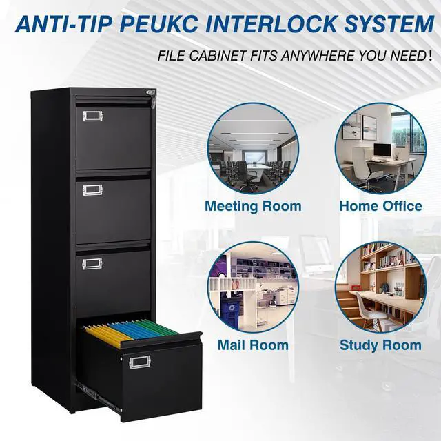 Alt view image 6 of 7 - 4 Drawer File Cabinet, Vertical Filing Cabinets with Lock, Metal File Cabinets for Home Office, Anti-Tip 4 Storage Drawers for Letter/Legal/A4/F4 Size (Assemble Required, Black)