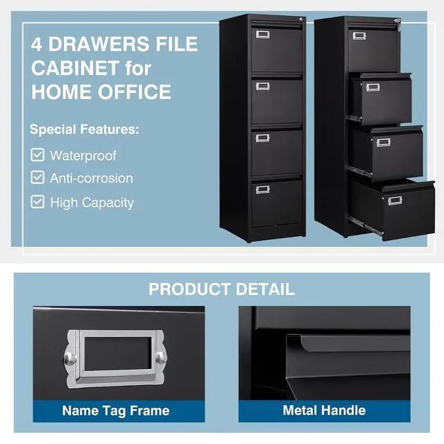 Alt view image 5 of 7 - 4 Drawer File Cabinet, Vertical Filing Cabinets with Lock, Metal File Cabinets for Home Office, Anti-Tip 4 Storage Drawers for Letter/Legal/A4/F4 Size (Assemble Required, Black)