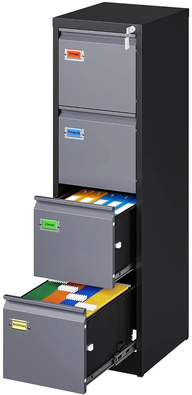 Main image of 4 Drawer File Cabinet, Vertical Filing Cabinets with Lock, Metal File Cabinets for Home Office, Anti-Tip 4 Storage Drawers for Letter/Legal/A4/F4 Size (Assemble Required, Black)