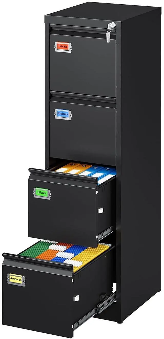 Main image of 4 Drawer File Cabinet, Vertical Filing Cabinets with Lock, Metal File Cabinets for Home Office, Anti-Tip 4 Storage Drawers for Letter/Legal/A4/F4 Size (Assemble Required, Black)